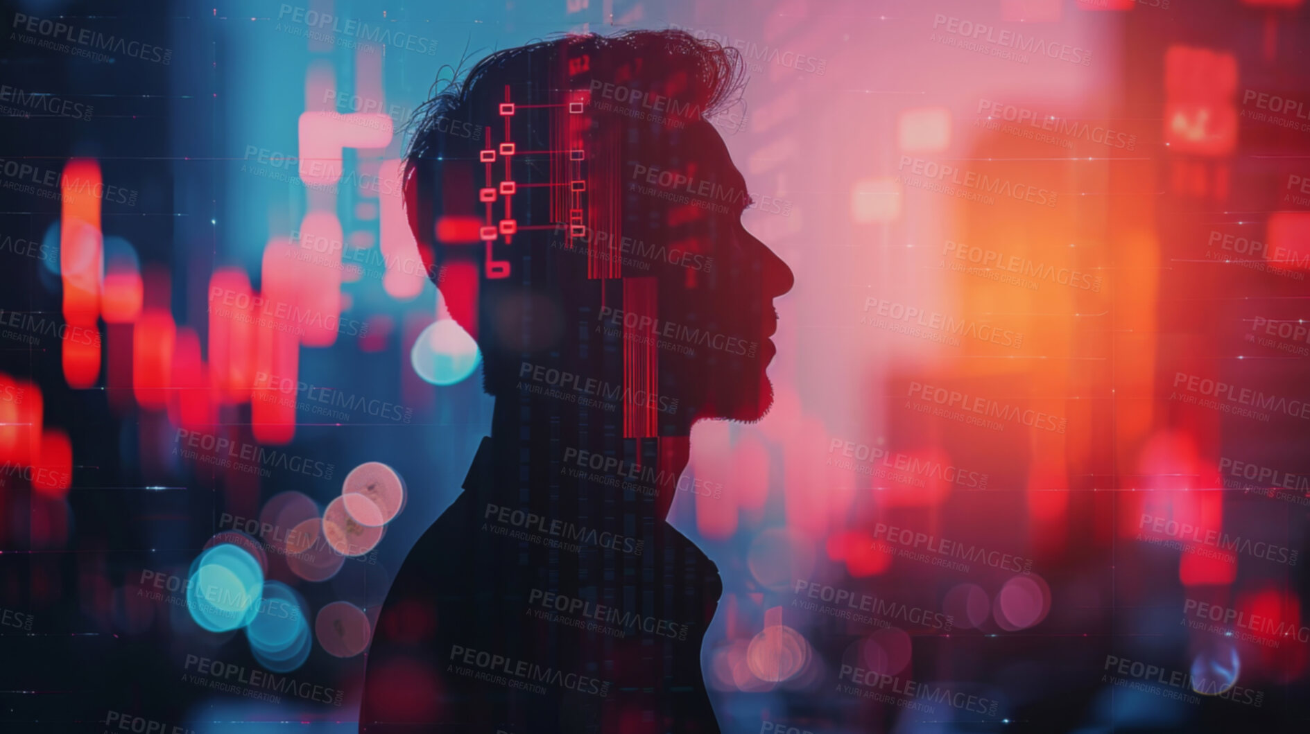 Buy stock photo Business and silhouette of man thinking for corporate, communication or entrepreneur. Cityscape, sunset and abstract double exposure effect of a male head for marketing, internet or research