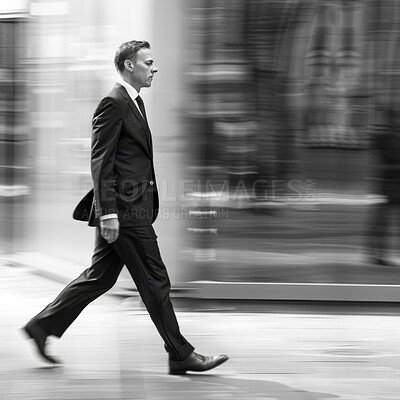 Walking, business and man in motion for investment, entrepreneur and corporate interest. Confident, purposeful and male professional walking outdoor for leadership, professionalism or success