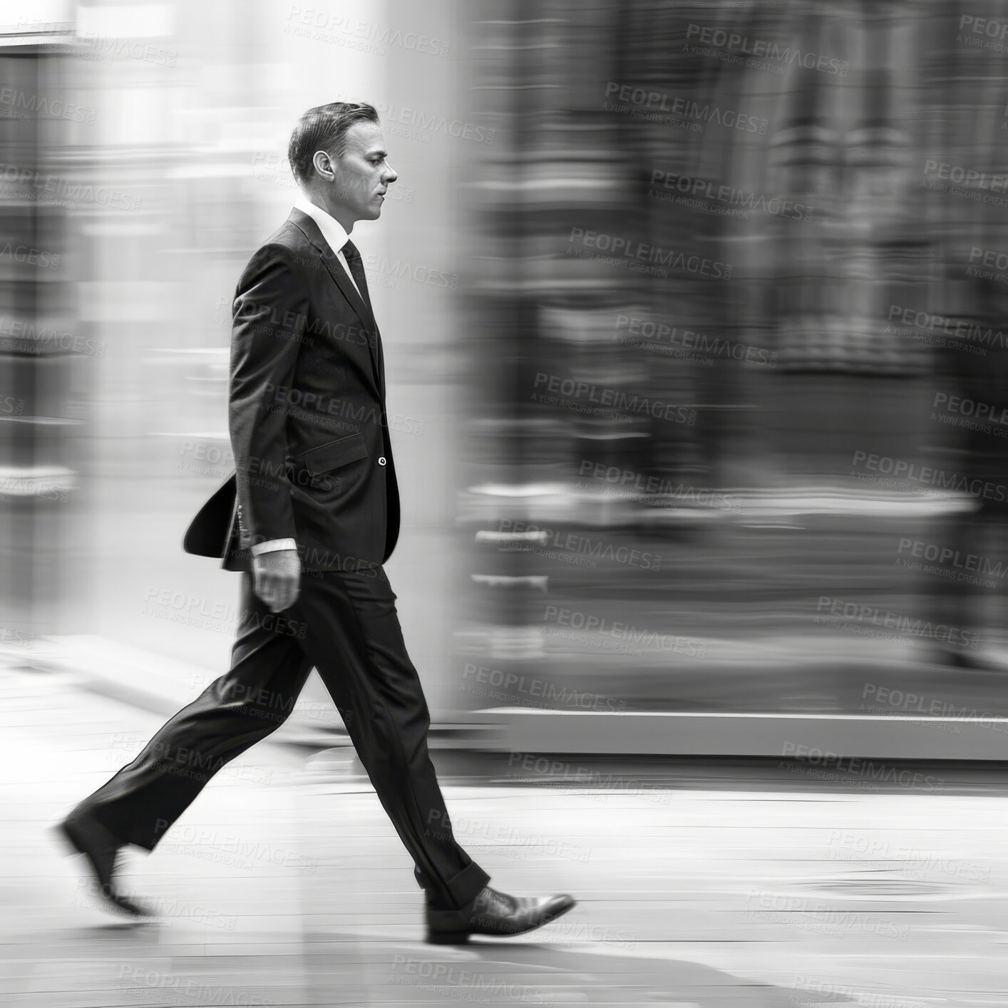 Buy stock photo Walking, business and man in motion for investment, entrepreneur and corporate interest. Confident, purposeful  and male professional walking outdoor for leadership, professionalism or success