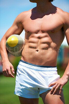 Buy stock photo Topless, man and rugby player holding a ball closeup for training or sports practice on a field. Body, male athlete person and playing active competitive game for health and strength outdoors 