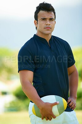 Buy stock photo Rugby, sports and athlete and portrait of man on field for training, health and stadium practice. Challenge, competition and performance with person in outdoor pitch for exercise, games and workout
