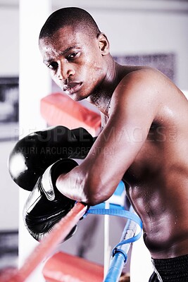Buy stock photo Boxing, gloves and portrait of black man in ring with fitness, power and workout challenge at sports club. Strong body, face of athlete or boxer in gym with sweat and confidence in competition fight.