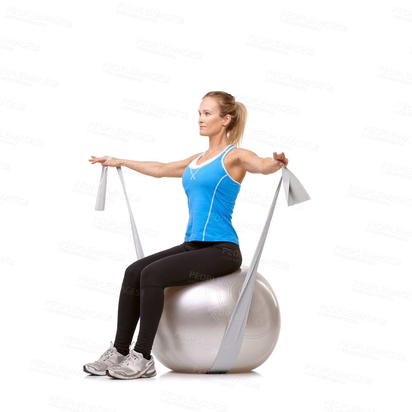 Buy stock photo Exercise ball, resistance band and woman doing workout in studio for health, wellness and body care. Sports, fitness and female person from Canada stretching arms or training by white background