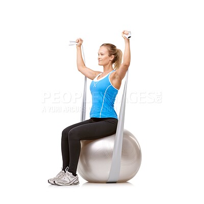 Buy stock photo Woman, resistance band and exercise ball for stretching arm workout, balance or gym training. Female person, performance equipment and studio white background for wellbeing, health or mockup space