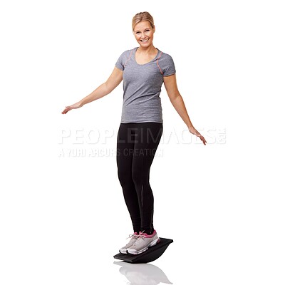 Buy stock photo Fitness, studio portrait and girl with balance board, smile and healthy body workout at gym. Exercise, stability and happy woman with wellness, pilates training and tools isolated on white background