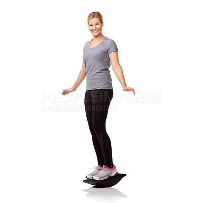 Buy stock photo Fitness, studio portrait and woman with balance board, smile and healthy body workout at gym. Exercise, stability and happy girl with wellness, pilates training and tools isolated on white background