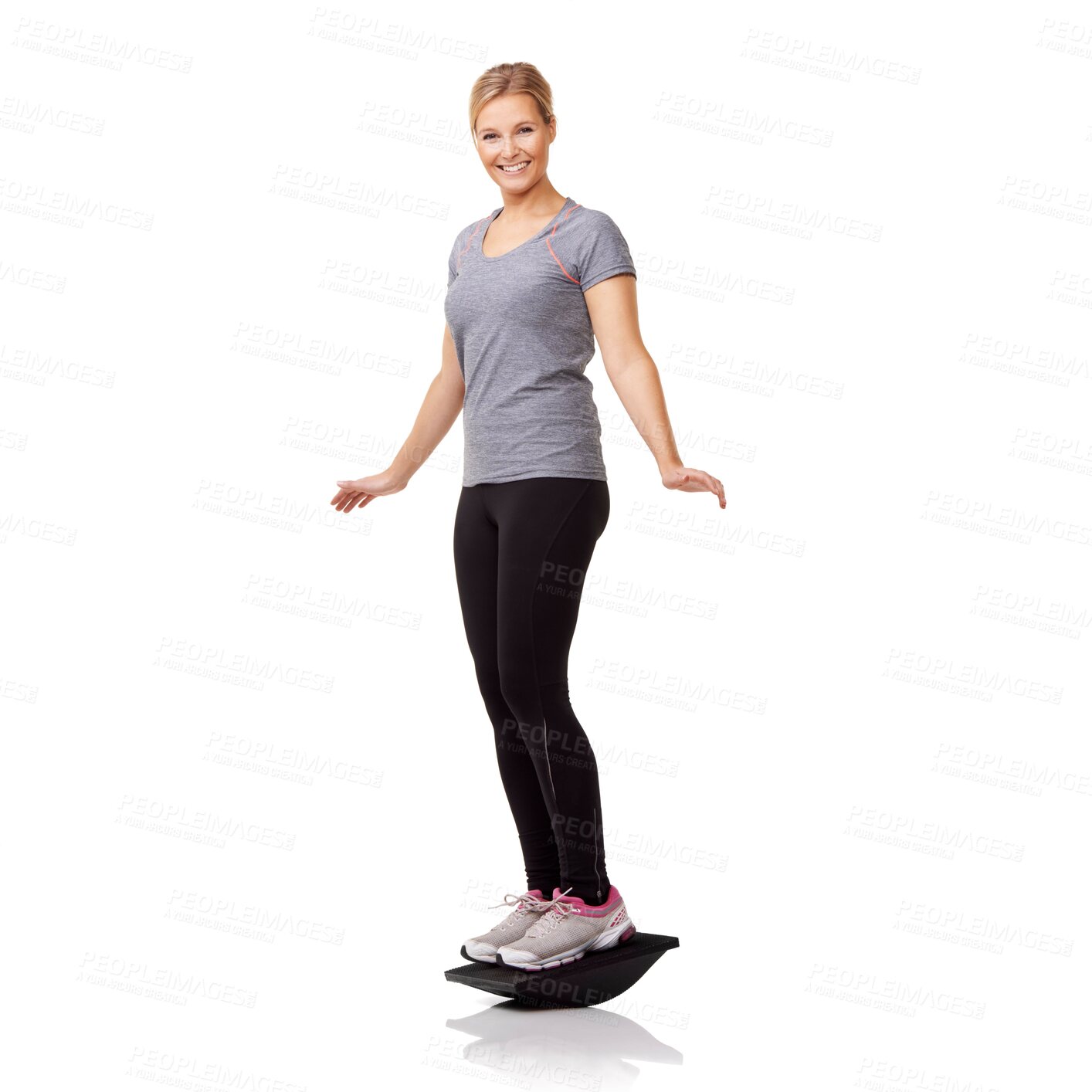 Buy stock photo Fitness, studio portrait and woman with balance board, smile and healthy body workout at gym. Exercise, stability and happy girl with wellness, pilates training and tools isolated on white background