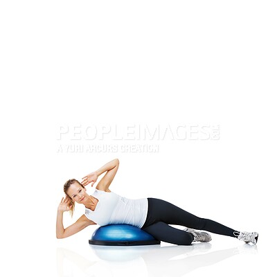 Buy stock photo Portrait of woman, bosu ball or balance in studio or core workout isolated on white background. Female athlete, training equipment or fitness for mockup space, body challenge or exercise for wellness