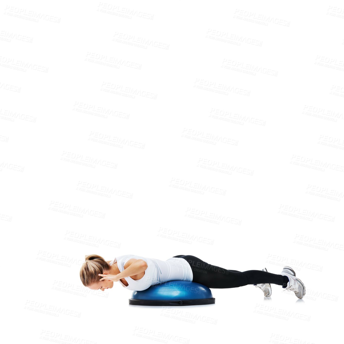 Buy stock photo Woman, ball and lying in balance for exercise, workout or fitness on a white studio background. Young active female person or athlete on half round object for health and wellness on mockup space