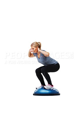 Buy stock photo Woman, workout and squat with balance ball for fitness, exercise or training on a white studio background. Active female person squatting for strength, muscle or strong glutes on mockup space