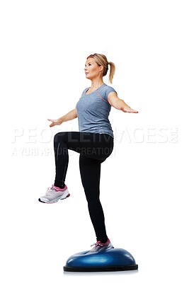 Buy stock photo Woman, bosu ball and balance exercise for workout or body training on a white studio background. Active female person on half round object for pilates, practice or health and fitness on mockup space