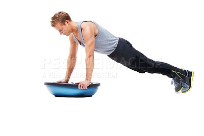 Buy stock photo Man, training and half ball for push up in studio for workout, strong exercise and gym with muscle health on floor. Bodybuilder or sports model in plank or arms fitness balance on a white background