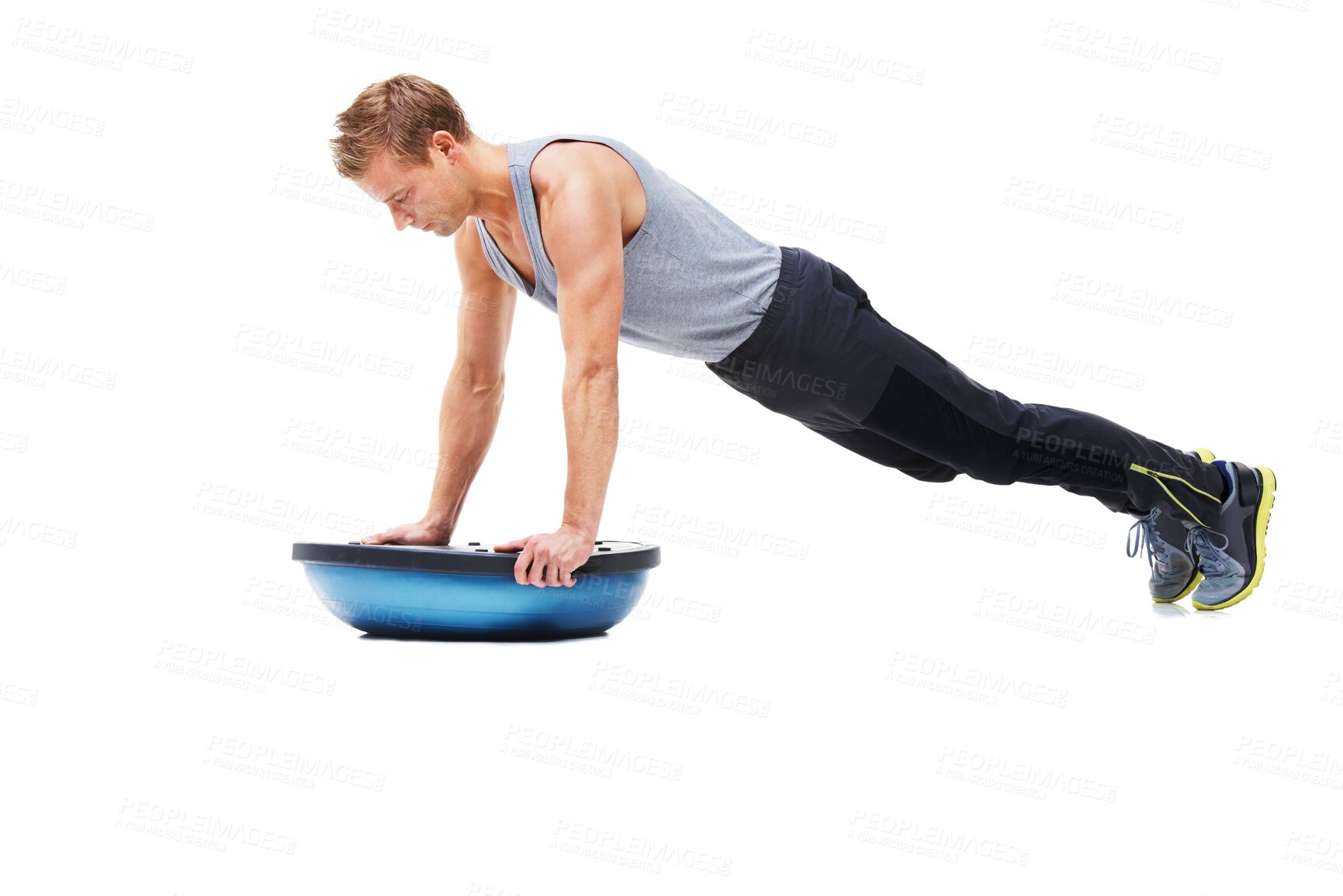 Buy stock photo Man, training and half ball for push up in studio for workout, strong exercise and gym with muscle health on floor. Bodybuilder or sports model in plank or arms fitness balance on a white background