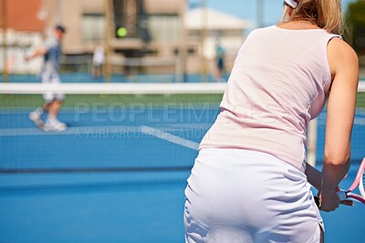 Buy stock photo Tennis, sport or woman with rear view on court for competition, match or training outdoor with racket. Player, person or game with exercise, workout or competitive with partner for fitness in summer 