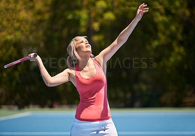 Buy stock photo Tennis, sport or woman with racket on court for competition, match or training outdoor with serve. Player, person or game with exercise, workout or competitive with wellness for fitness in summer 