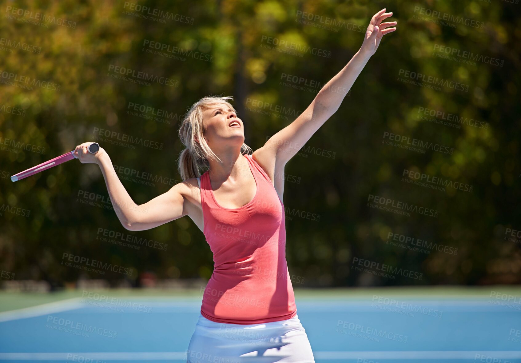 Buy stock photo Tennis, sport or woman with racket on court for competition, match or training outdoor with serve. Player, person or game with exercise, workout or competitive with wellness for fitness in summer 
