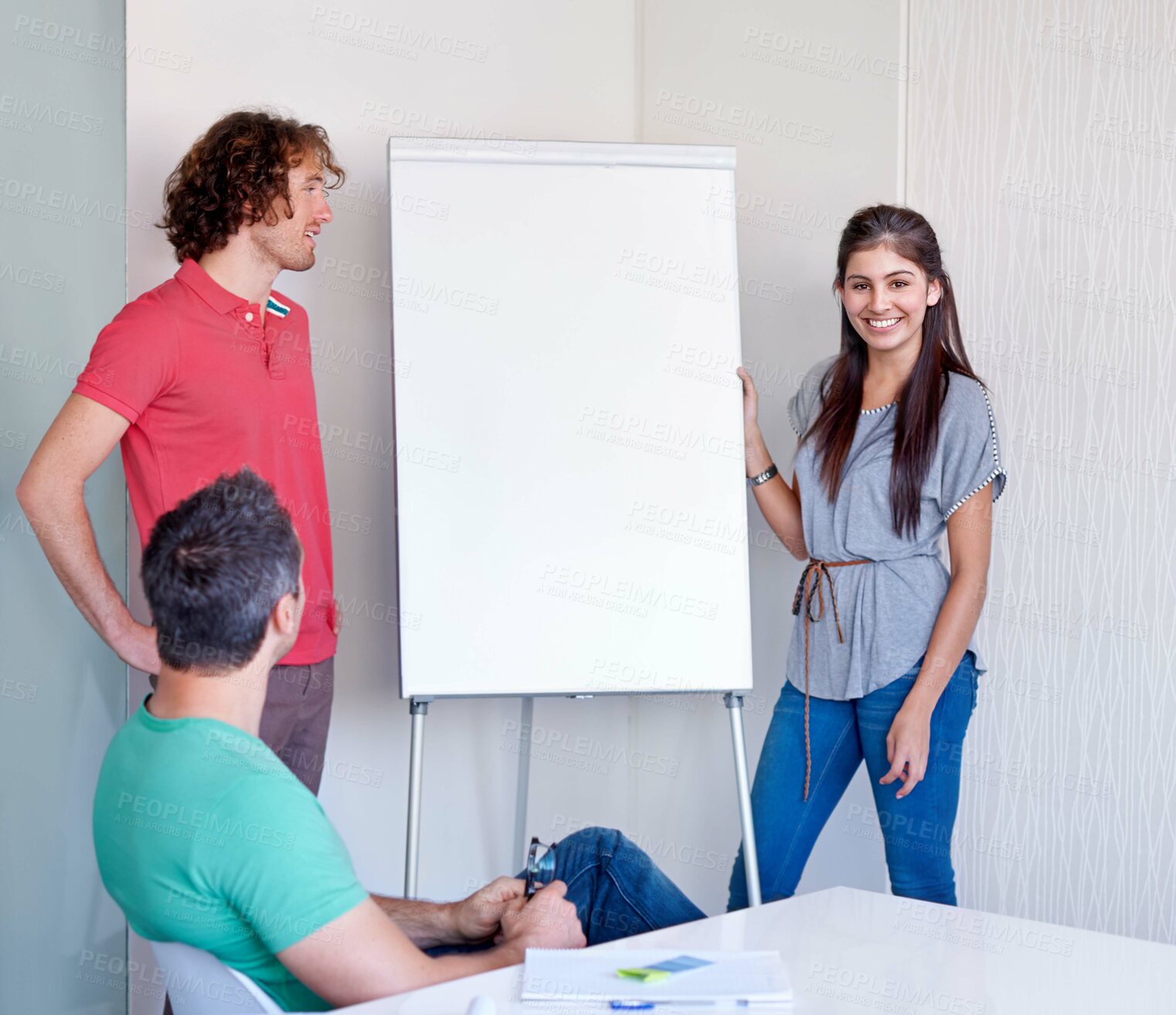 Buy stock photo Creative, woman and portrait with whiteboard in presentation for brainstorming, planning or design of magazine. Female, presenter, idea and picture for writing, piece or article in modern office