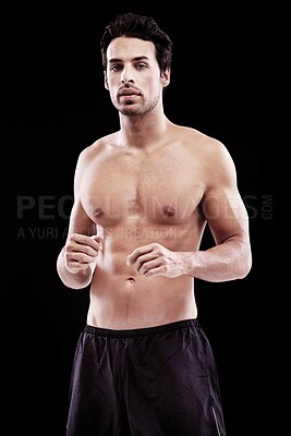 Buy stock photo Man, portrait and fitness with fighter in a studio ready for boxing training and workout. Body, athlete and male boxer from Brazil with exercise, sport and wellness for battle with black background