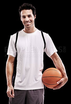 Buy stock photo Fitness, basketball and portrait of happy man with ball in studio for training, wellness or fun hobby on black background. Sports, face and male athlete with handball match, workout or performance