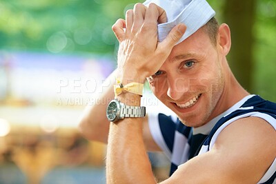 Buy stock photo Portrait, music festival and man with a smile, tattoo and sailor outfit with confidence and happiness. Face, person and guy in a costumer and Halloween with concert and sunshine with fun and cheerful