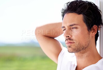 Buy stock photo Man, relax and serious thinking outdoor in summer with memory of vacation or holiday in nature. Casual, break and calm person in morning in home garden and remember idea for travel from California 