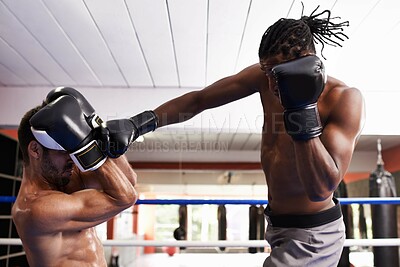 Buy stock photo Men, kickboxing and punch for fight in ring, fitness and topless for exercise and workout. People, bodybuilders and performance for challenge or practice, train and combat for competition in sports