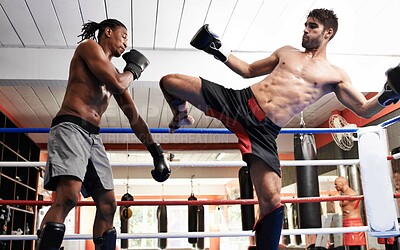 Buy stock photo Kickboxing, fight and men training for fitness and sport in gym, coach and athlete with workout and action. Energy, challenge and MMA with athlete together in ring for boxing, exercise and endurance