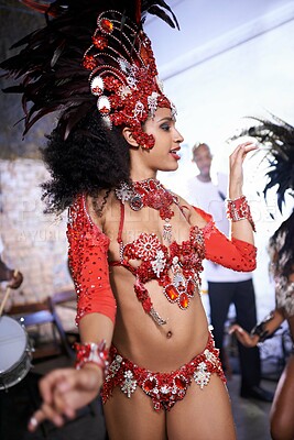 Buy stock photo Dance, performance and woman at carnival, festival and event in Brazil for summer celebration of culture. Samba, dancer and creative fashion salsa with energy to music or people at club or party