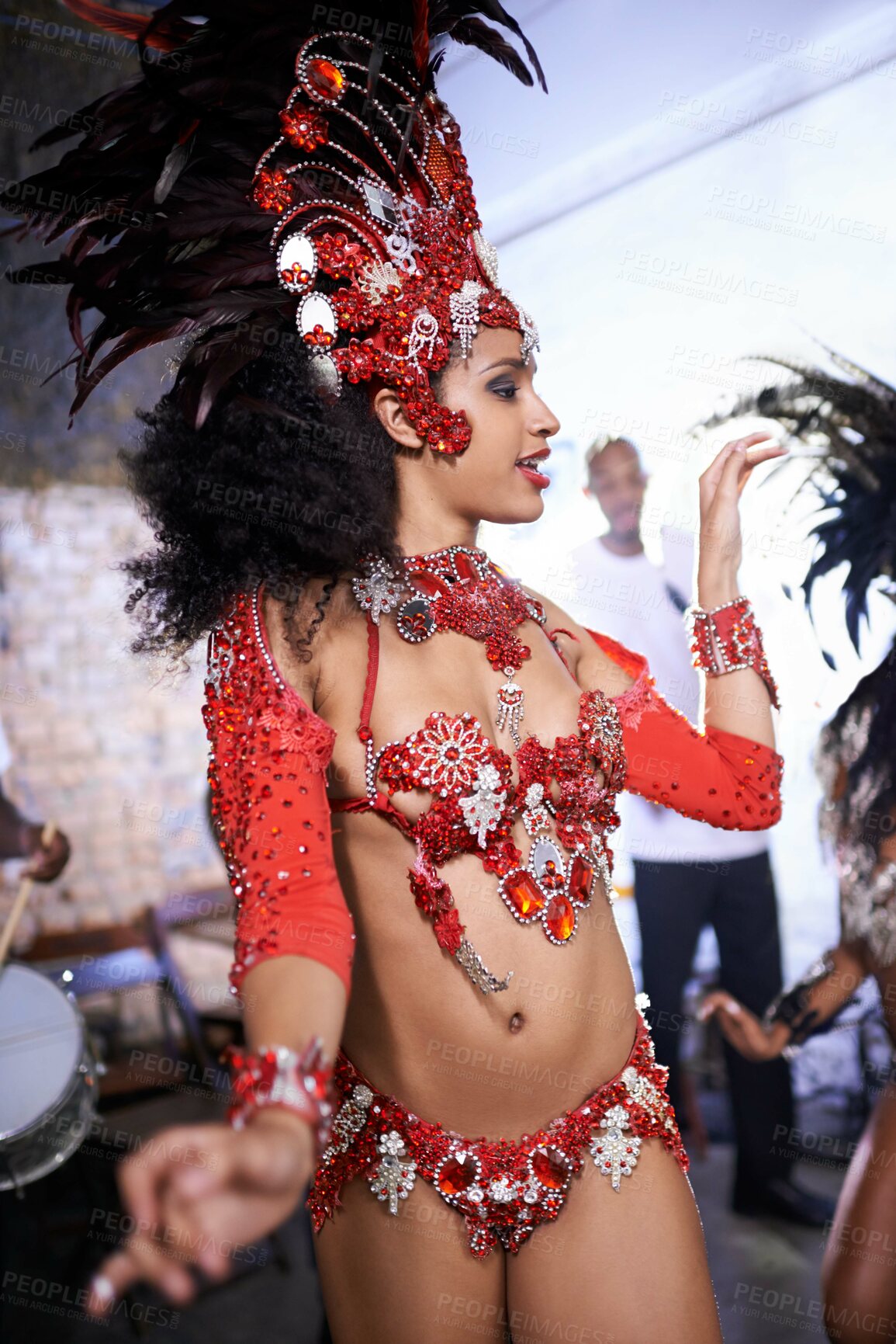 Buy stock photo Dance, performance and woman at carnival, festival and event in Brazil for summer celebration of culture. Samba, dancer and creative fashion salsa with energy to music or people at club or party