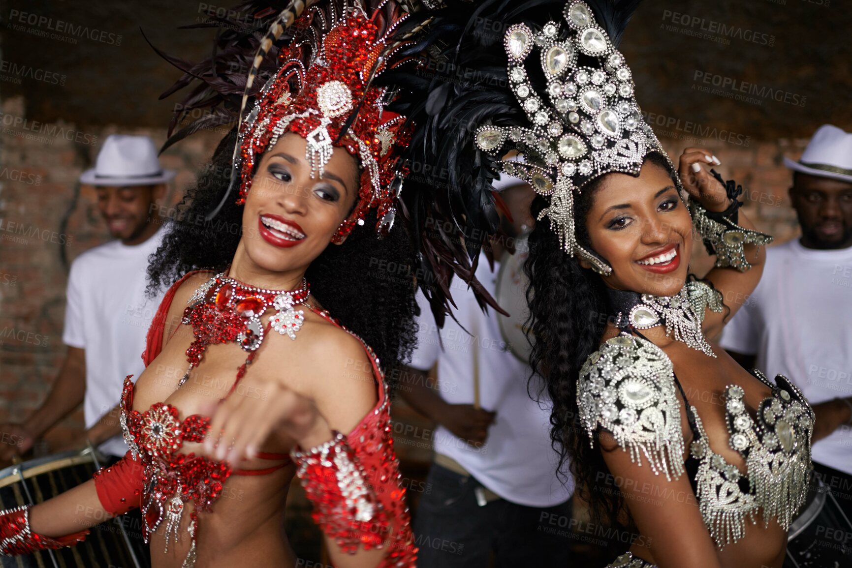 Buy stock photo Portrait, dance and carnival with women in Rio de Janeiro for music, festival or celebration of culture. Brazil, party and smile with happy dancer people outdoor for performance, show or tradition