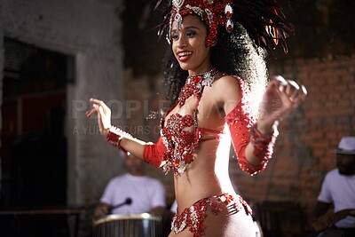 Buy stock photo Happy woman, samba dancer and festival with band for performance at carnival or concert. Face of Brazilian female person or exotic performer with smile or cultural fashion for dancing or party in Rio