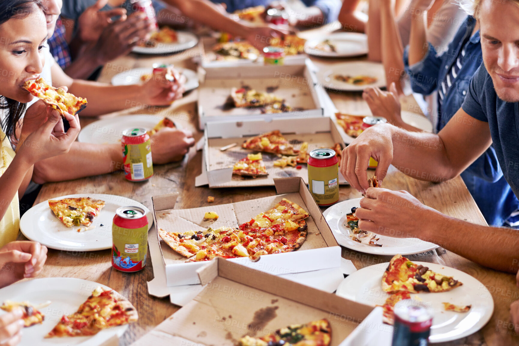 Buy stock photo Group, friends and party with pizza, eating and diversity for joy or fun with youth. Men, women and fast food with drink, social gathering and snack for lunch or celebration at italian pizzeria