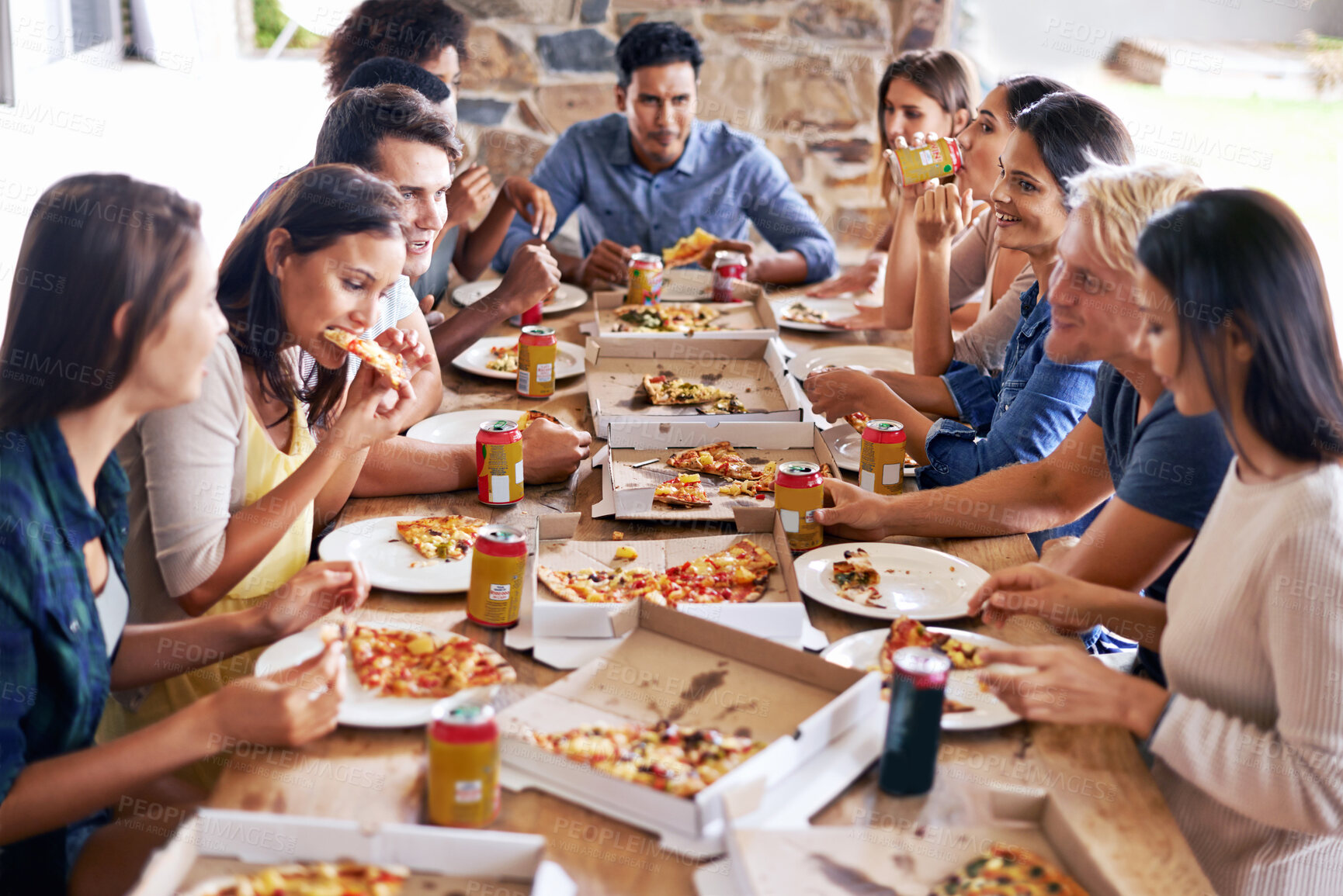 Buy stock photo Group, friends and party with pizza, restaurant and diversity for joy or fun with youth. Men, Women and fast food with drink, social gathering and snack for lunch or eating at italian pizzeria