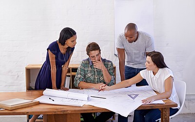Buy stock photo Architecture, people or teamwork with planning on blueprint in office for building design, remodeling project or strategy layout. Collaboration, architect or meeting for development plan with drawing