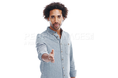 Buy stock photo Smile, portrait and businessman in studio with handshake gesture for hiring, recruitment or onboarding. Happy, greeting and professional male person with shaking hands for welcome by white background