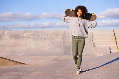 Buy stock photo Skatepark, woman and summer for skate, recreation and fun outdoor for active and game for break or holiday. African person and happy for performing, trick and sports for wheel and action on mockup
