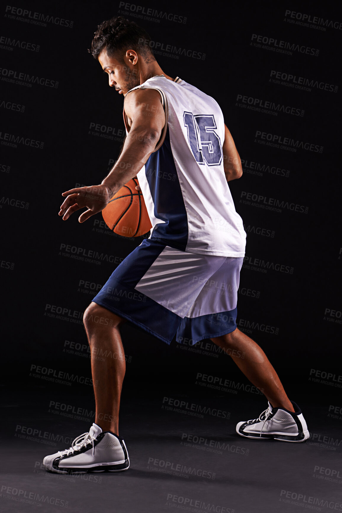 Buy stock photo Man, action and basketball in studio for fitness, competition and sports player on black background. Professional athlete, career and exercise with ball for game, hobby and healthy model in training