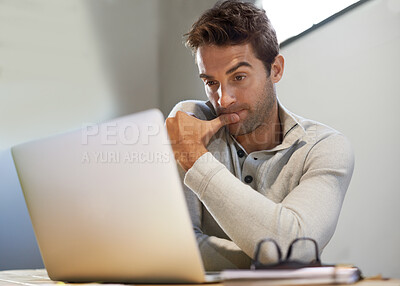 Buy stock photo Man, laptop or thinking of business, planning or solution to tech glitch, research or questions at desk. Businessman, computer or vision of startup, idea or professional communication in remote work