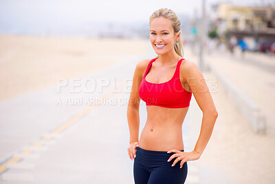 Buy stock photo Woman, portrait and fitness on the beach with smile for health, wellness and body in sportswear outdoor. Exercise, athlete and sports with abs or flat stomach, marathon or race for cardio workout