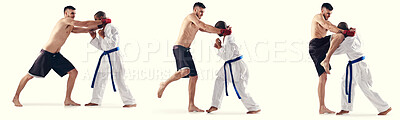 Buy stock photo MMA, karate and male fighters in studio, banner and competition with action on white background. Fitness, exercise and impact sports for martial arts people, combat and composite for training  
