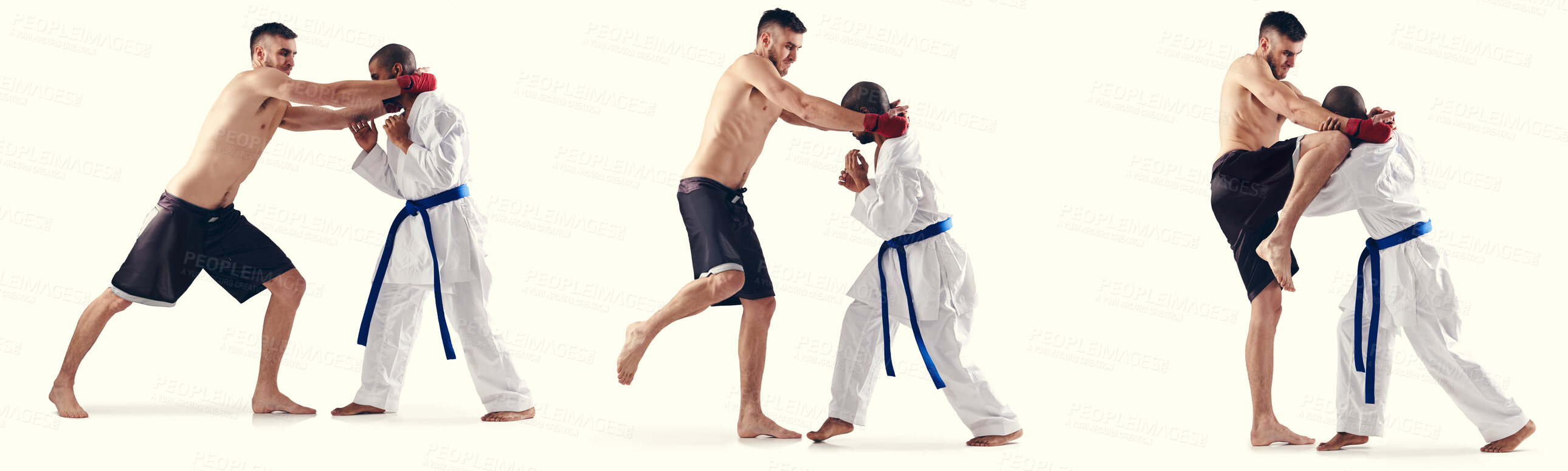 Buy stock photo MMA, karate and male fighters in studio, banner and competition with action on white background. Fitness, exercise and impact sports for martial arts people, combat and composite for training  
