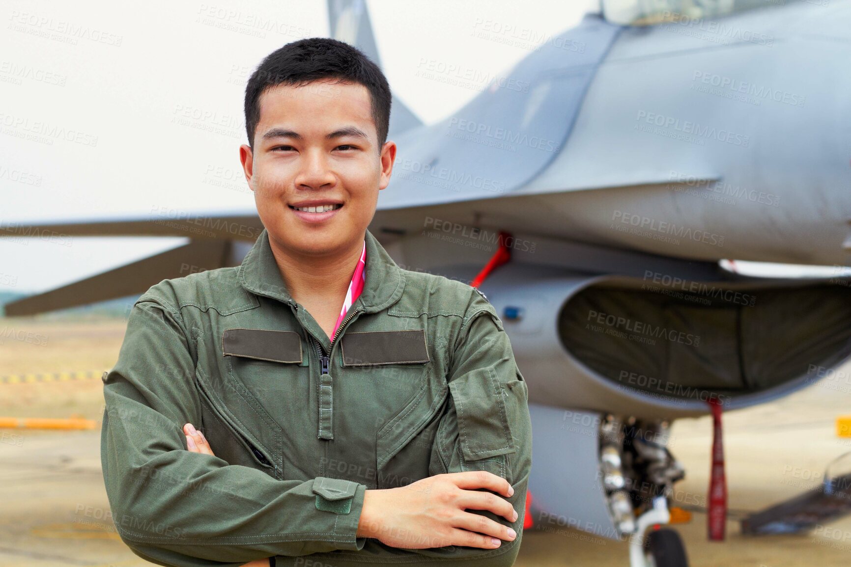 Buy stock photo A shot of a confident asian fighter pilot