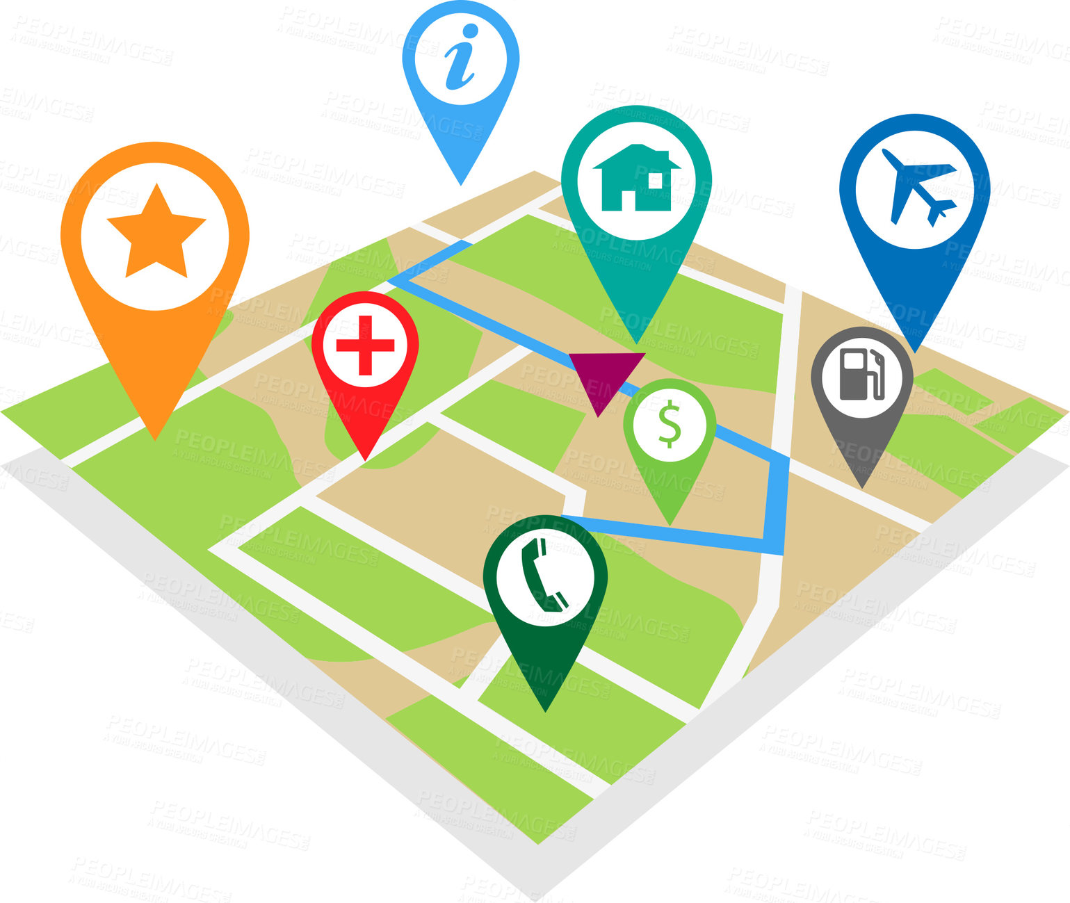 Buy stock photo Map, gps and route of street, digital and navigation of city, road and landmark in app, website and online. Guide, location and direction for journey, info and travel for tourist, trip and icon