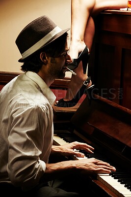 Buy stock photo Profile, artist and man with piano, smoking and music with sound, smoker and entertainment with performance. Person, player or musician with jazz, performer and listening with cigarette or instrument