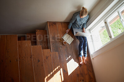 Buy stock photo Woman, freelancer and laptop for writing notes, remote work and internet connection on floor for info. Female person, window and web for research or book, top view and ideas for article in journal