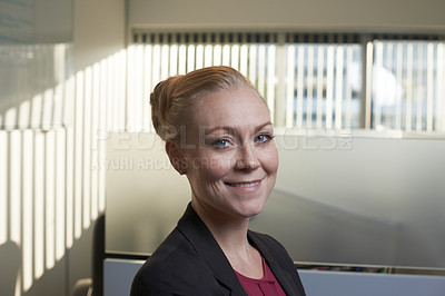 Buy stock photo Business woman, portrait and office for real estate planning, investment and commercial property. Face or headshot of professional worker, agent or realtor with confidence and smile in workplace