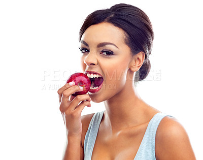 Buy stock photo Black woman, health and eating into an apple for nutrition and weight loss program isolated in studio. Female person or model and fruit for lunch, balanced diet and wellness with white background