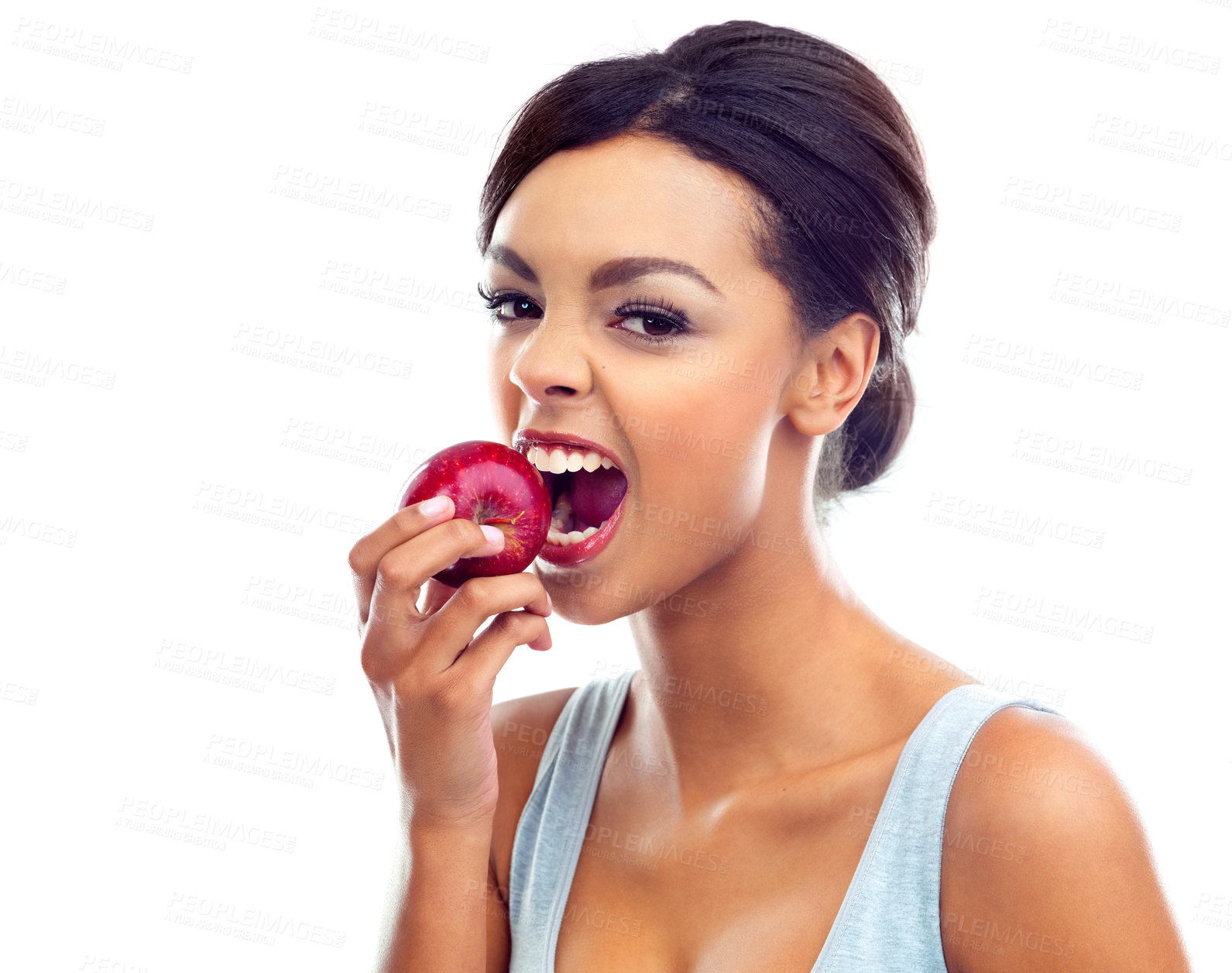 Buy stock photo Black woman, health and eating into an apple for nutrition and weight loss program isolated in studio. Female person or model and fruit for lunch, balanced diet and wellness with white background
