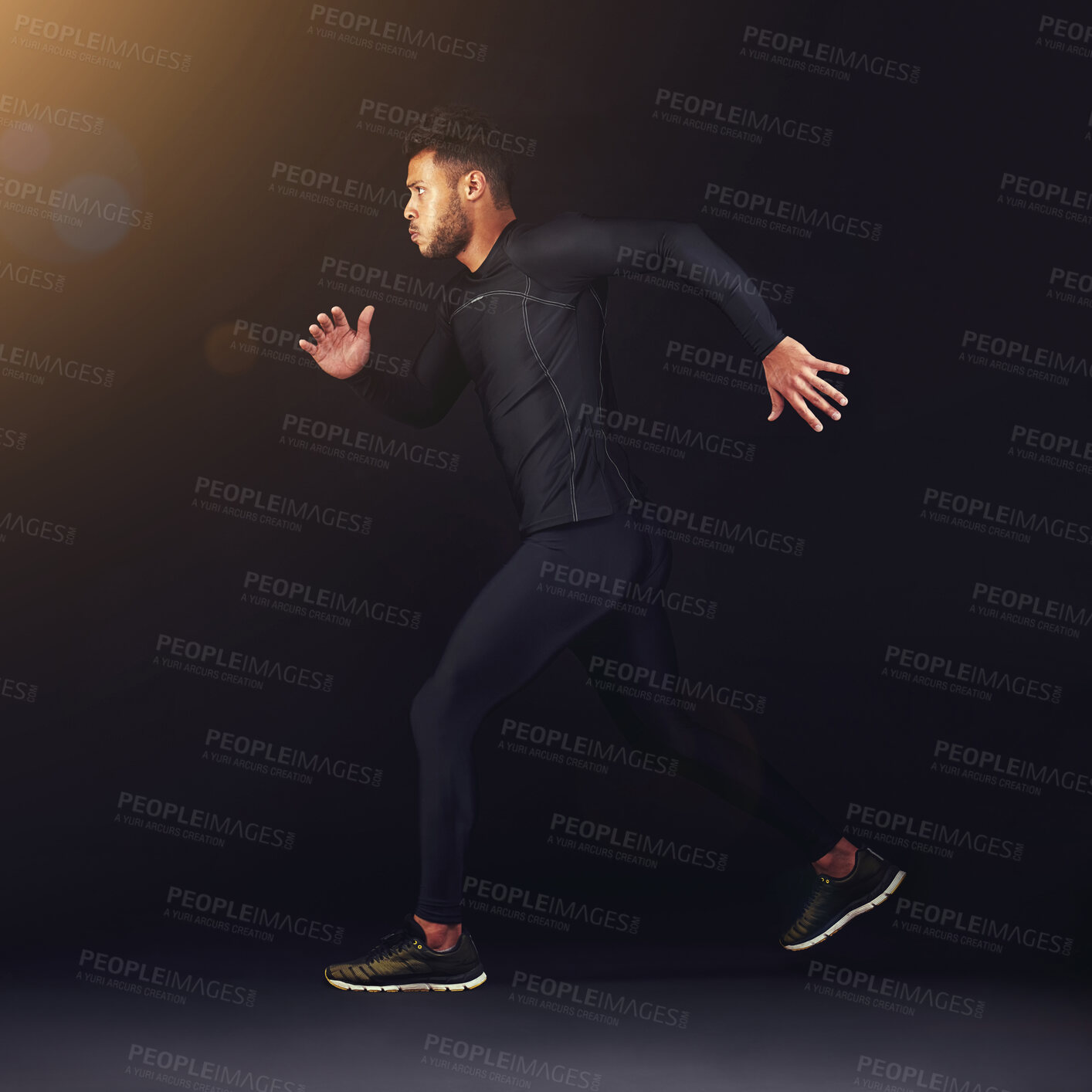 Buy stock photo Running, fitness and man with workout, exercise and training on a black studio background. Person, mockup space and model with breathing and runner with cardio and athlete with confidence or wellness