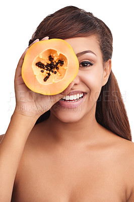 Buy stock photo Portrait, woman and melon in studio for diet, health and nutrition on white background. Fruit, detox or weight loss and benefits for antioxidants, digestion and vitamins or minerals from natural food